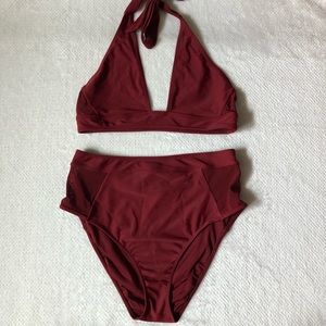Maroon high waisted mesh side bikini